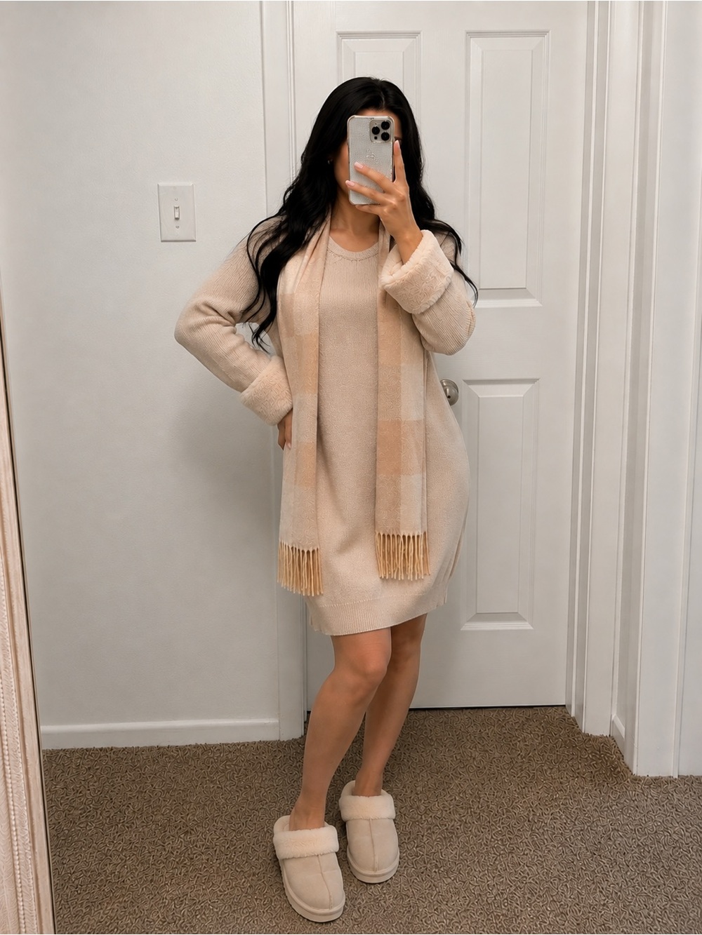 COCOBLEU New York Beige Knit Dress & Scarf Set NWT